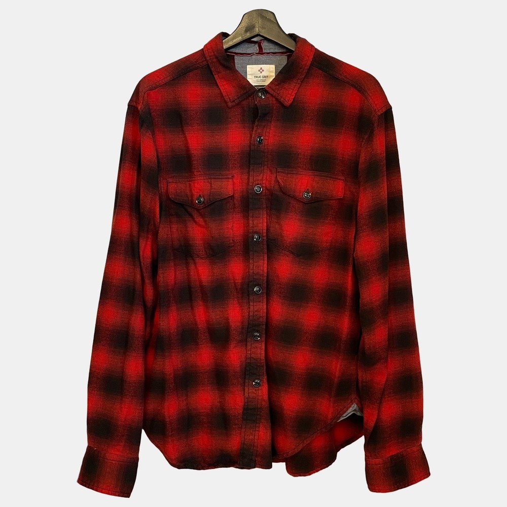 True Grit Red Black Plaid Flannel Shirt Mens Large Button Up